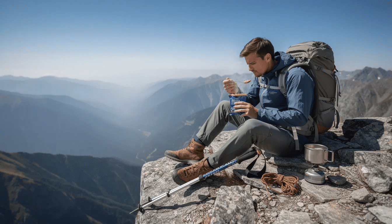 A backpacker sits on a rocky mountain overlook, enjoying a meal from a pouch, likely a tasty Thai curry or mushroom risotto, ideal for backpacking trips. Hiking poles rest nearby as they savor their lightweight, freeze-dried meal, perfect for fueling their real adventure in the great outdoors.