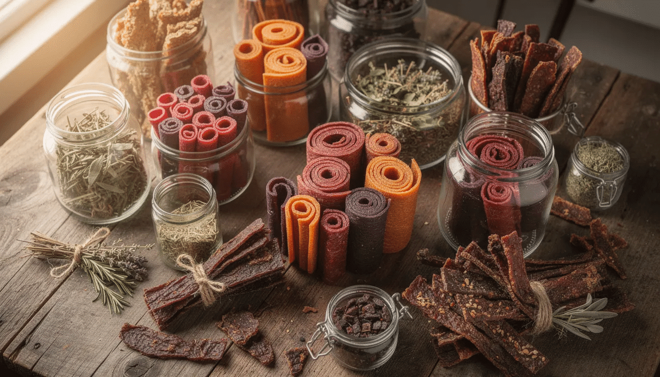 The image showcases a variety of homemade dried snacks, including vibrant fruit leathers, flavorful jerky strips, and aromatic herb bundles, all neatly arranged in glass storage jars. This display highlights the delicious results of using food dehydrators, emphasizing the appeal of dried fruits, beef jerky, and herbs prepared with consistent heat and air flow.