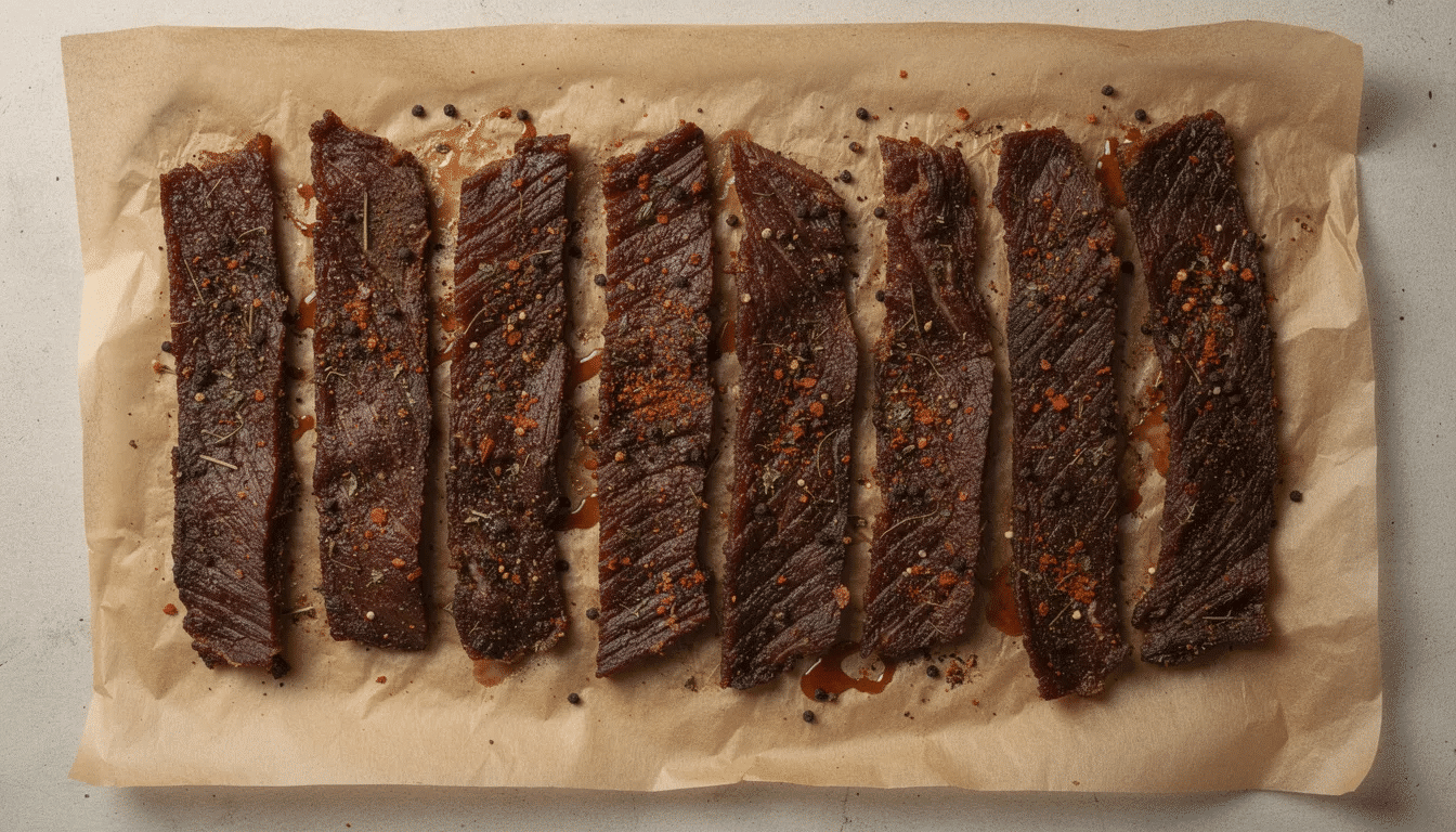 The image features strips of homemade beef jerky arranged neatly on parchment paper, showcasing visible seasoning that enhances its flavor. This delicious healthy snack is perfect for those looking to dehydrate food at home, making it an ideal option for a quick and tasty treat.
