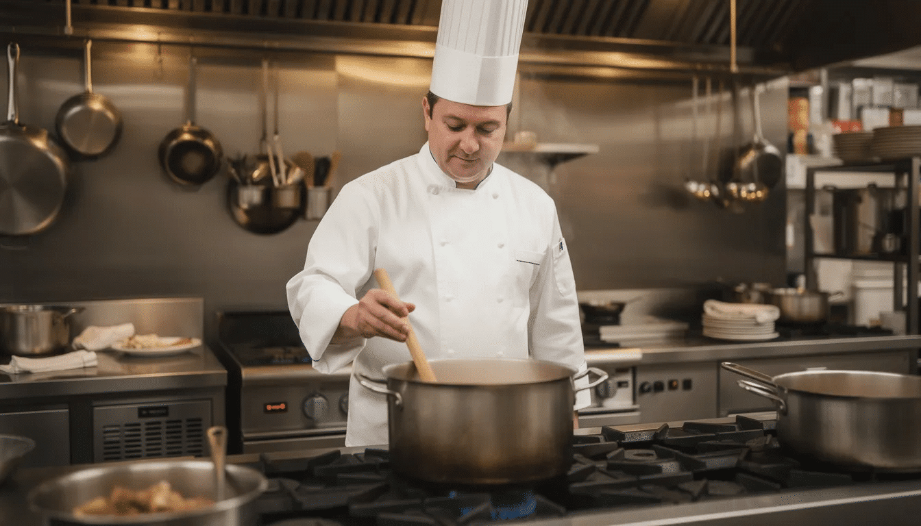 A chef in a white coat is stirring a large pot filled with a flavorful dish, possibly a Thai curry or mushroom risotto, in a bustling commercial kitchen. This scene highlights the preparation of meals that could be part of good to go food kit assortments for backpacking trips and camping adventures.