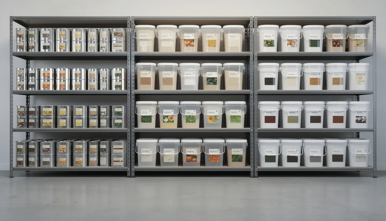 The image features an organized shelving unit filled with stacked metal cans and plastic buckets, showcasing a variety of long-term food storage options including freeze dried meals and emergency food supplies. This setup is ideal for emergency preparedness, ensuring easy access to nutritious and delicious freeze dried foods with a long shelf life.