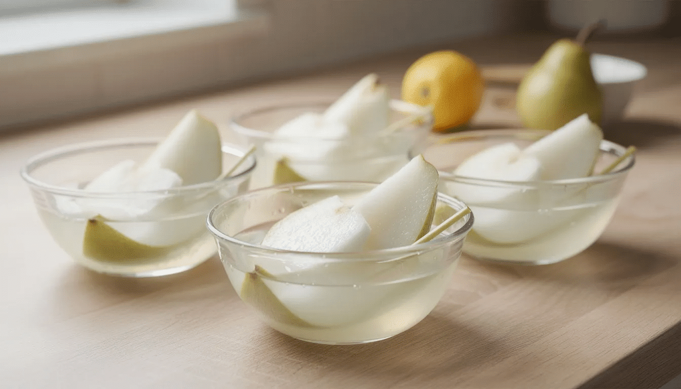 The image shows glass bowls filled with fresh lemon juice and sliced pears, prepared for dipping. This setup highlights the use of fruit juice to enhance the flavor of light-colored fruits while preventing browning, making it ideal for preserving the quality of fresh fruits.