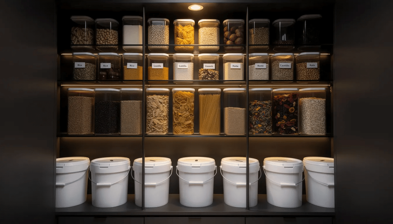 The image features glass pantry shelves in a dark closet, filled with neatly arranged jars of dried foods, including dehydrated potatoes and other preserved items. The organized display suggests effective long-term food storage, ideal for maintaining the shelf life of dehydrated fruits and vegetables.
