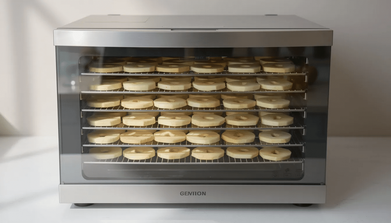 A dehydrator with a clear door showcases multiple trays filled with evenly arranged pale apple rings, perfect for dehydrating apples into delicious apple chips. The uniform thickness of the apple slices allows for optimal air circulation, ensuring they dry evenly without browning.