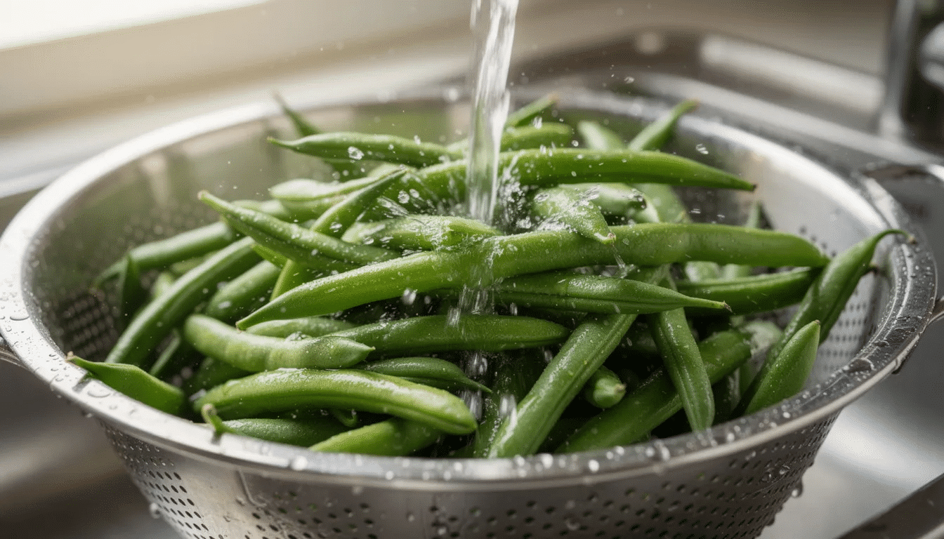 Fresh green beans are being rinsed in a colander under running water, highlighting their vibrant green color and crisp texture. This step is part of the cooking process to prepare the beans for various dishes or to preserve fresh green beans for later use.