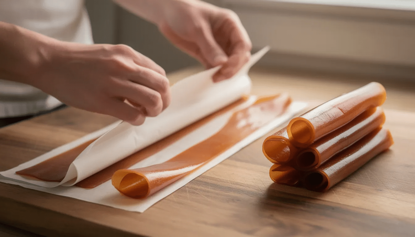 Two hands are rolling strips of homemade apple fruit leather with parchment paper on a wooden cutting board, showcasing the process of making fruit leather from chopped apples. The scene captures the sticky texture and vibrant color of the apple leather, emphasizing the care taken in preparing this delicious treat.