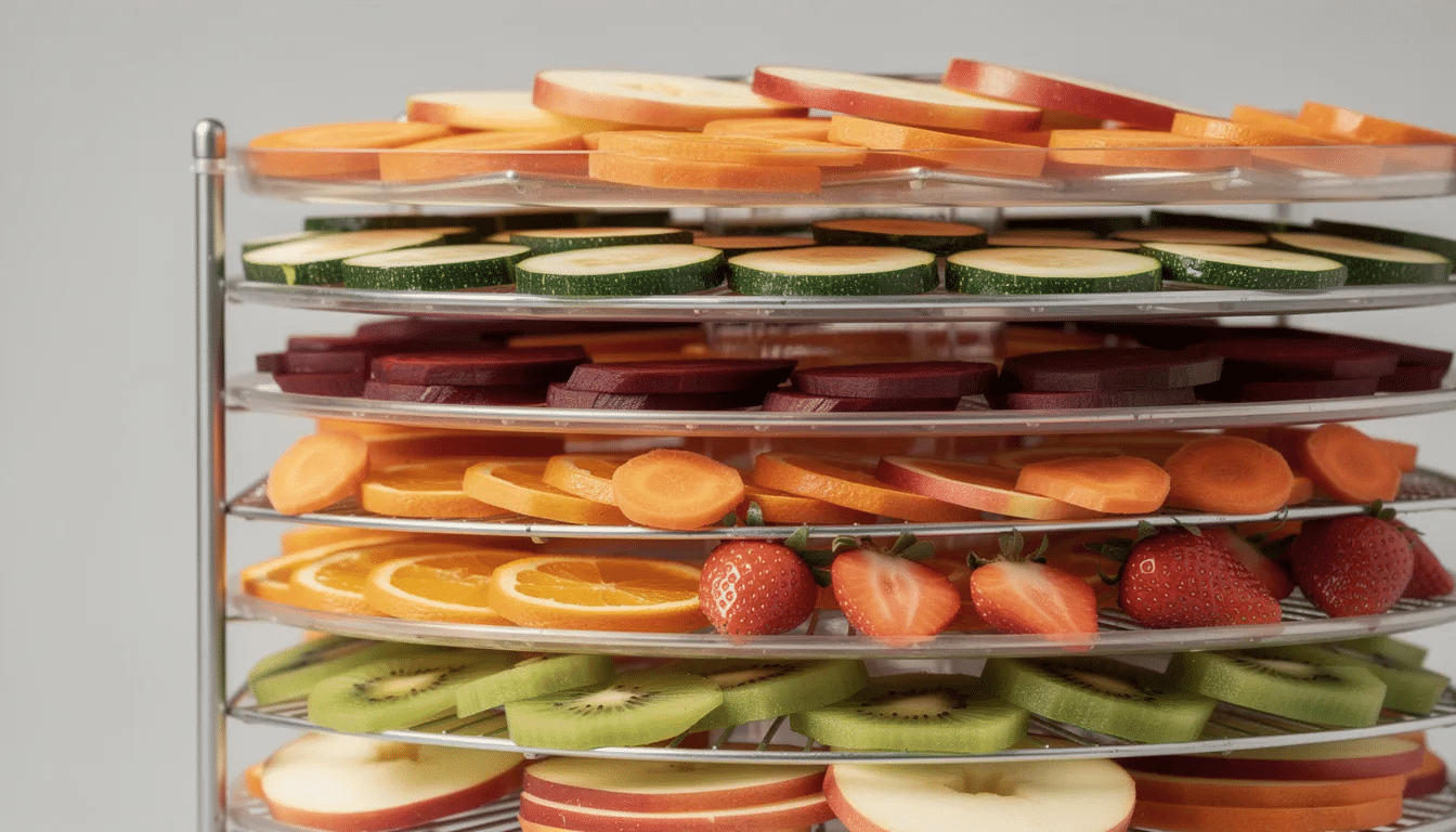 The image shows a side view of stacked food dehydrator trays filled with an assortment of sliced vegetables and fruits, showcasing the drying process for food preservation. The trays are designed for optimal air circulation and moisture removal, allowing for the creation of dried foods like vegetable chips and fruit leather.