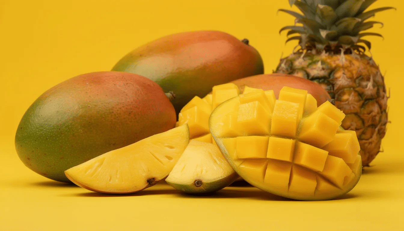 The image features a vibrant arrangement of fresh ripe mangoes and pineapples set against a bright background, showcasing the organic fruit in its peak freshness. This visually appealing display highlights the delicious and nutritious qualities of these fruits, making them a perfect choice for healthy snacks or as a pantry staple.