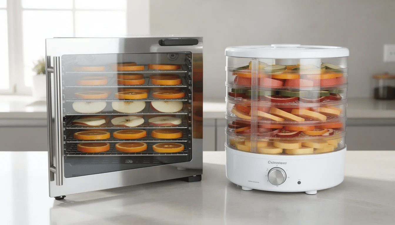The image features two different styles of food dehydrators positioned side by side on a kitchen counter, showcasing their unique designs and features. One may have adjustable thermostat controls and BPA-free trays, while the other could be equipped for drying fruits, vegetables, and herbs efficiently.