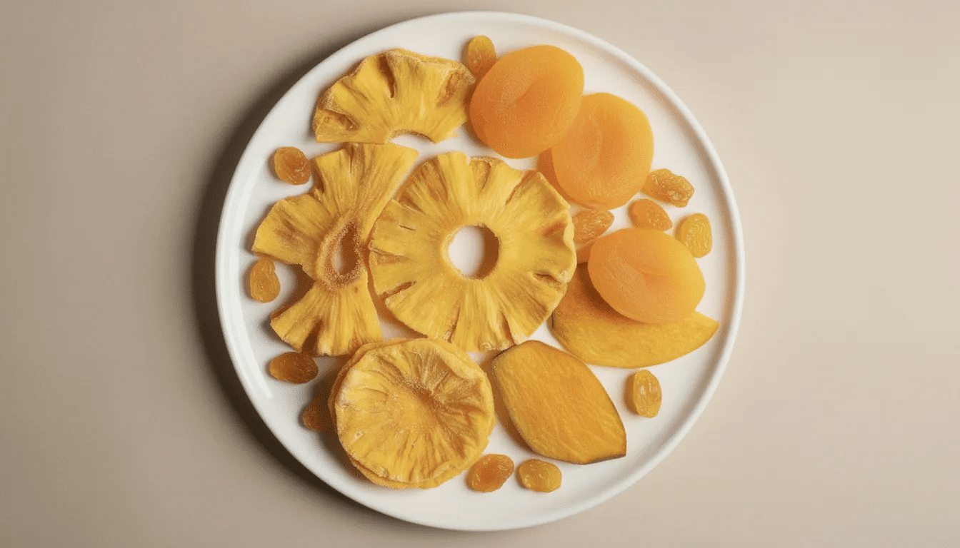 The image features a vibrant assortment of yellow dried fruit, showcasing a variety of soft, flavorful pieces ideal for adding to salads or enjoying as a snack. The dried fruits, possibly sourced from California, are displayed in a cart, emphasizing their appealing texture and high quality.