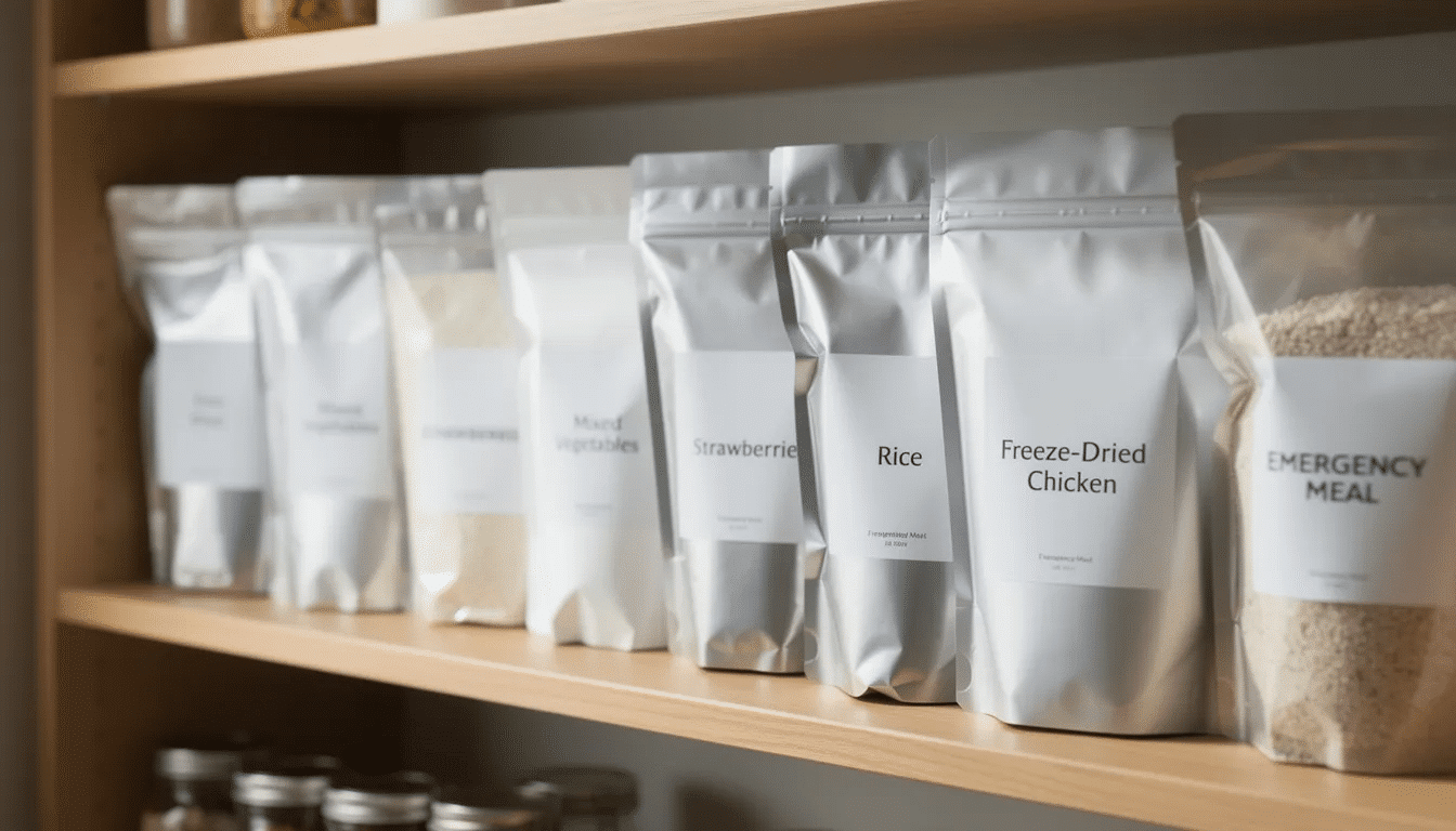 A pantry shelf is filled with neatly labeled mylar bags containing a variety of freeze dried meals and individual ingredients, perfect for preparing your own backpacking meals. These shelf-stable options, including instant mashed potatoes and dehydrated vegetables, are ideal for long trips and can be easily rehydrated with hot water.