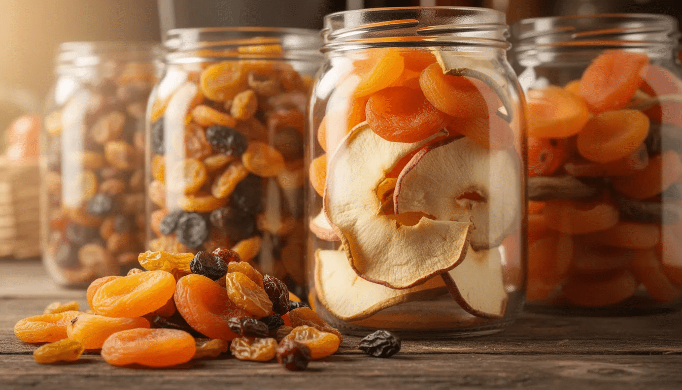 An assortment of colorful dried fruits, including vibrant apricots, plump raisins, and crisp apple slices, are beautifully arranged in glass containers on a rustic wooden surface, showcasing the natural sweetness and nutritious benefits of dehydrated fruit for long term storage.