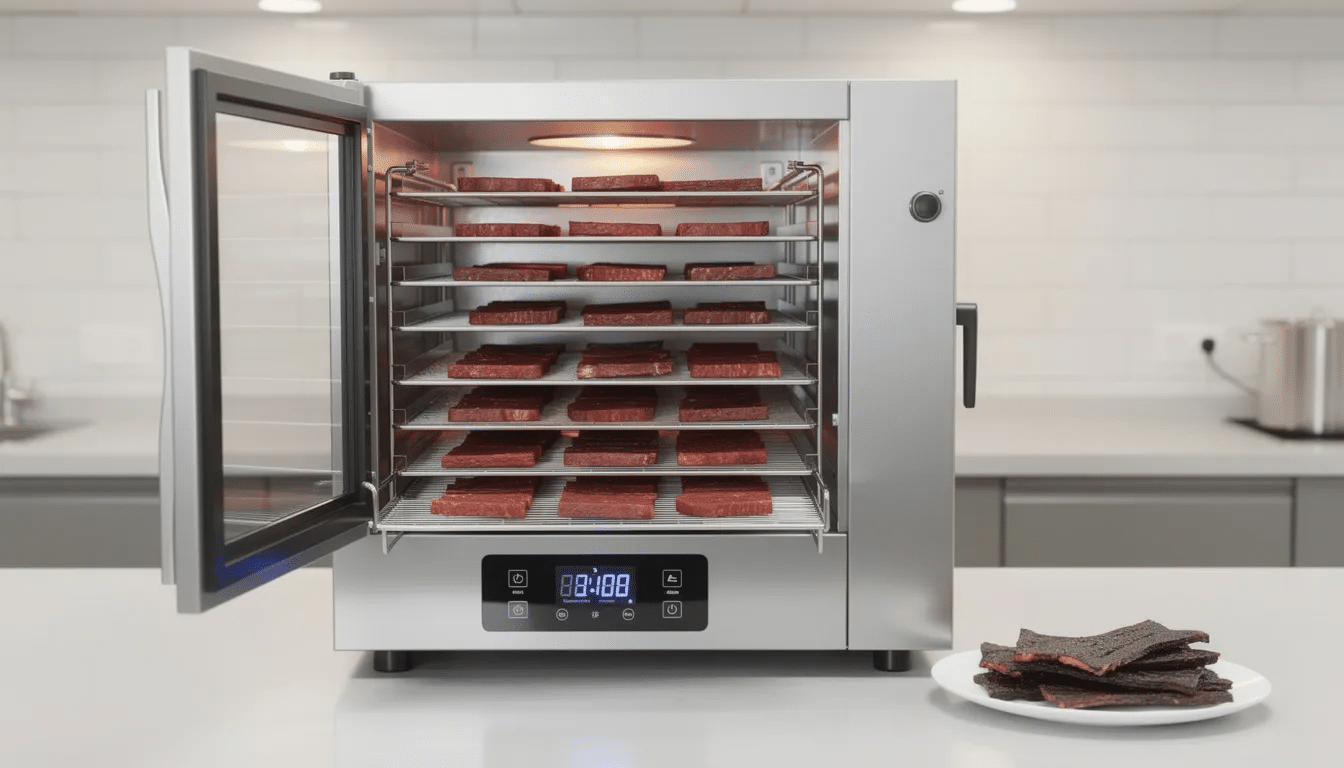The image showcases a commercial jerky maker, a high-capacity food dehydrator designed for making beef jerky and other dried foods. It features multiple trays for even and consistent drying, a powerful rear fan for optimal heat distribution, and a temperature-controlled system that ensures quality results for large batches of jerky and other dehydrated snacks.