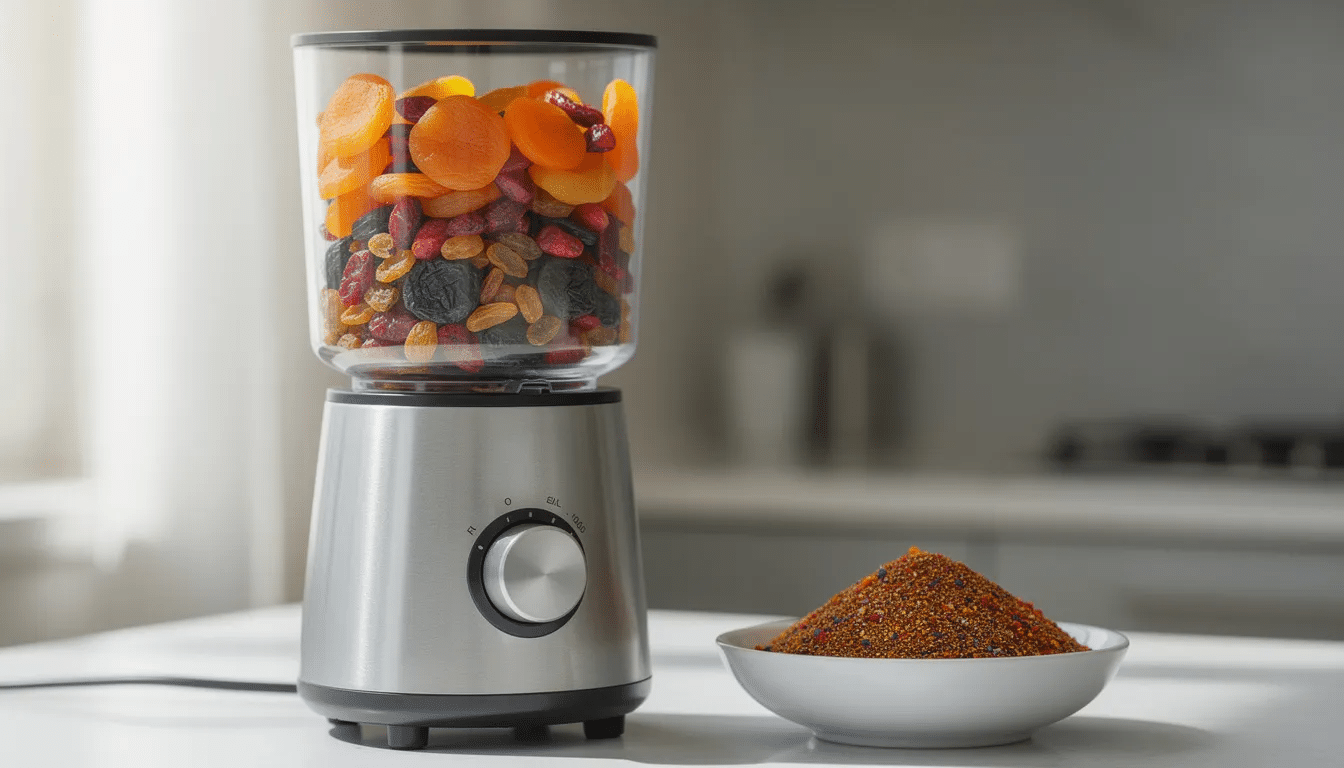 An electric coffee grinder filled with dried fruit pieces sits beside a small bowl containing fine fruit powder, showcasing the process of making fruit powders from dehydrated fruit for added flavor and nutrition in recipes.