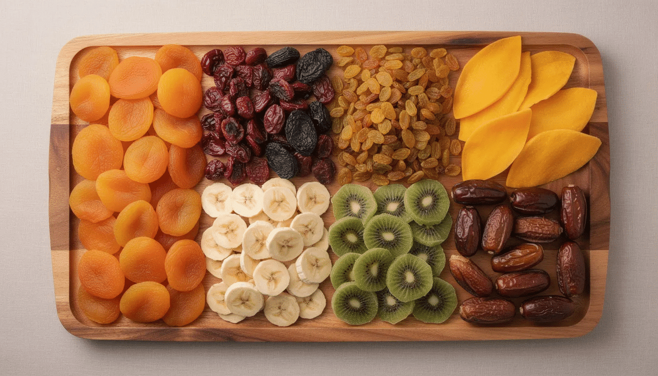 An overhead view showcases a wooden tray filled with a vibrant assortment of dried fruits, including dried apples, pears, peaches, plums, and apricots, neatly arranged in sections. The platter also features roasted salted cashews, honey roasted peanuts, and pistachios, making it a wholesome gift for family and friends.