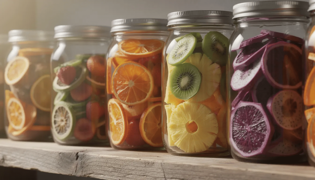 The image features glass mason jars filled with vibrant slices of dried fruit, displayed neatly on a wooden shelf. These jars showcase an assortment of colorful dehydrated fruits, perfect for easy preservation and enjoying the benefits of vitamin C, while preventing fruit browning through methods like ascorbic acid treatment.