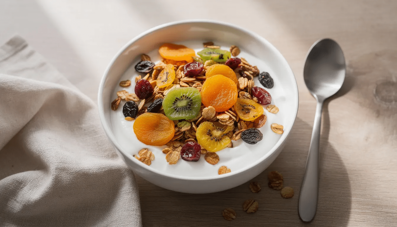 A vibrant breakfast bowl features creamy yogurt topped with crunchy granola and an assortment of colorful dried fruits, including apple chips, apricots, and cranberries, providing a delightful mix of flavors and textures. This nutritious meal highlights the benefits of dehydrated fruit, making it a perfect start to the day.