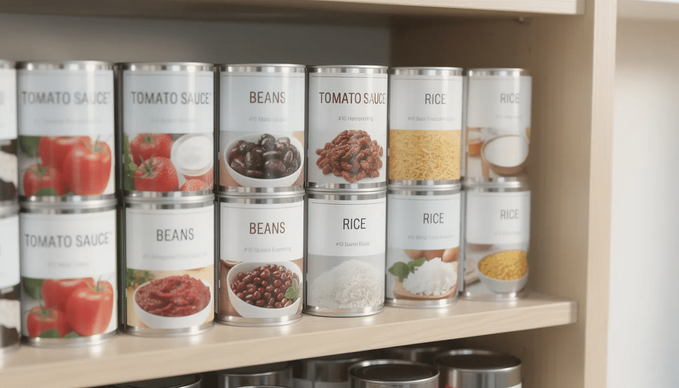 The image shows a neatly organized pantry shelf filled with stacked #10 metal cans, containing a variety of dried foods such as freeze-dried vegetables, meats, and fruits. These cans are ideal for cooking flavorful meals and are perfect for camping or long-term storage.