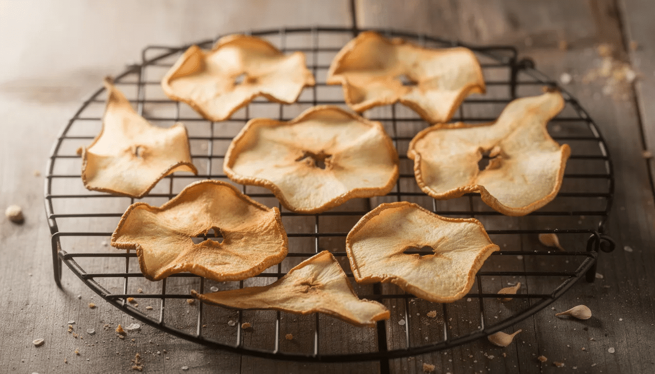 Golden brown dehydrated pear chips are cooling on a wire rack, showcasing their crispy texture and uniform slices. These delicious snacks, made using an air fryer, are a healthy alternative to traditional potato chips and perfect for enjoying as a nutritious treat.