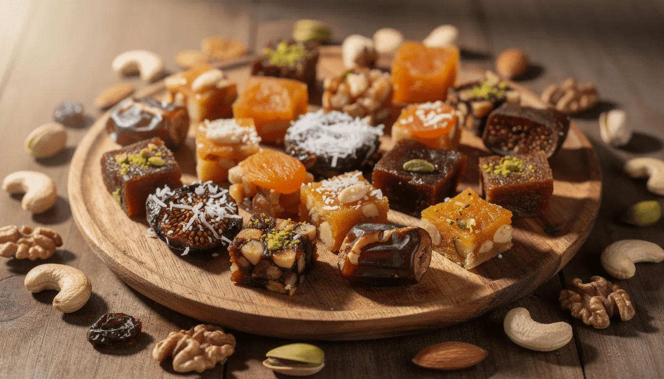 An assortment of delicious dry fruit bites, including dates, figs, and raisins, is beautifully arranged on a wooden serving platter, accompanied by scattered almonds, cashews, and pistachios. This healthy post-dinner dessert offers a sweet treat for the whole family, packed with vitamins and fiber.
