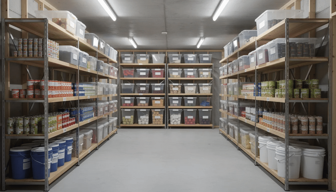 The image depicts an organized basement storage area featuring shelving units filled with neatly arranged food storage containers, cans, and glass jars. This setup is ideal for long-term food storage, showcasing various freeze dried meals and dehydrated food, all properly packaged to ensure a longer shelf life.
