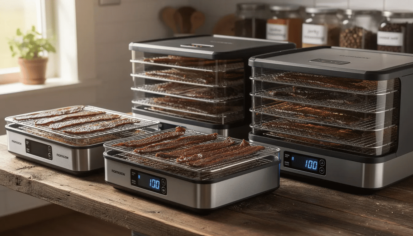The image showcases a variety of food dehydrators ideal for making deer jerky, featuring models like the Excalibur and Snackmaster Pro. Each dehydrator is designed with multiple trays for drying ground meat or whole muscle jerky, highlighting their powerful fans and temperature controls for optimal drying results.