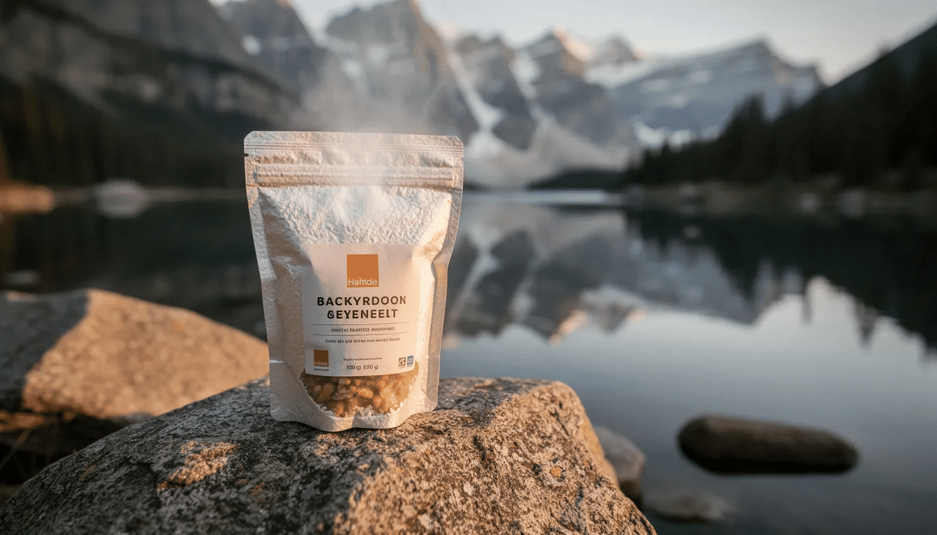 A steaming pouch of dehydrated Thai curry meal sits on a rock, with a picturesque mountain lake in the background, perfect for backpacking trips or camping adventures. This lightweight and easy-to-prepare meal offers great flavor and nutrition for your outdoor excursions.