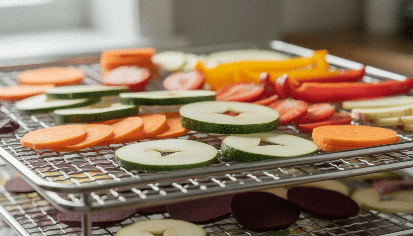A close-up view of stainless steel mesh dehydrator trays filled with vibrant slices of fruits and vegetables, showcasing the consistent drying capabilities of a stainless steel dehydrator. The image highlights the removable trays and the efficient air flow, essential for making homemade dried fruit and snacks.