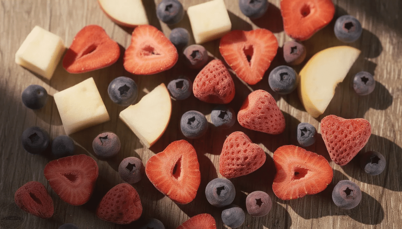 The image showcases a vibrant assortment of freeze dried fruit, including strawberries, blueberries, and apple pieces, artistically arranged on a wooden surface. These colorful freeze dried products are a healthy snack option known for their impressive longevity and nutritional value when stored properly in airtight containers.