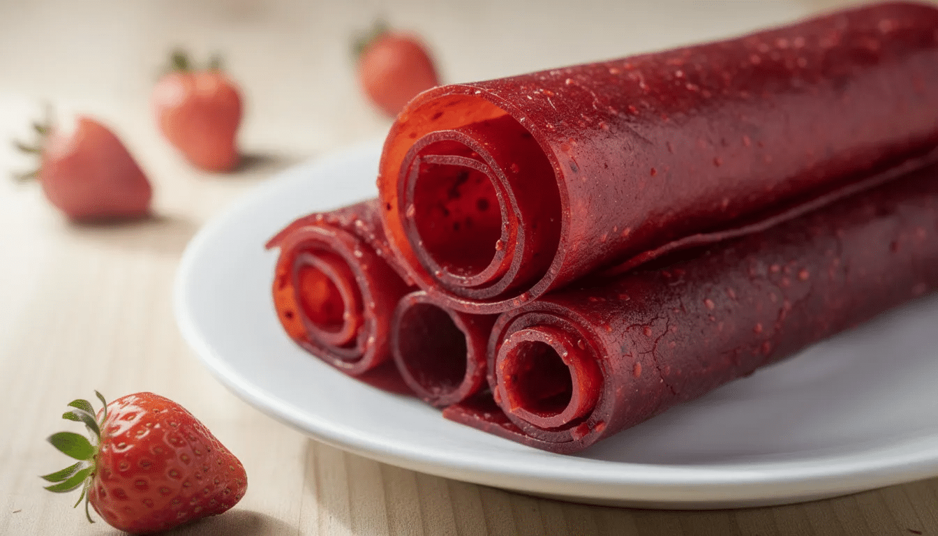 The image features homemade strawberry fruit leather, showcasing long, thin strips of vibrant red fruit leather laid out on a baking sheet lined with parchment paper. This nutritious snack, made from real strawberries and blended into a smooth consistency, is perfect for school lunches or as a delightful childhood snack.