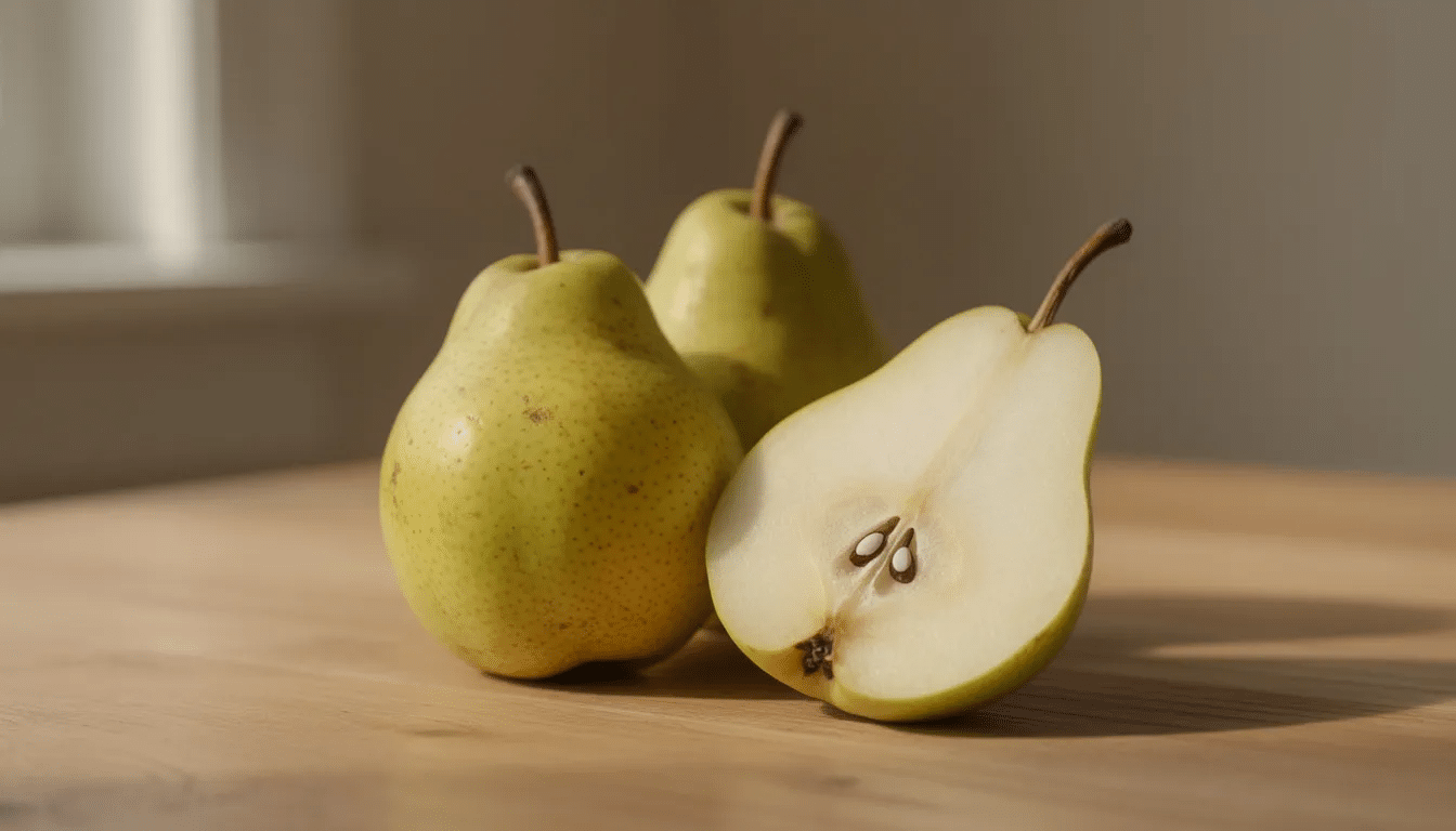 The image features a bowl of air fryer pear chips, showcasing thin, uniform slices of dehydrated pears that are golden and crispy, making for a delicious and healthy snack. The background includes a food dehydrator and air fryer, emphasizing the process of dehydrating pears for a tasty treat.