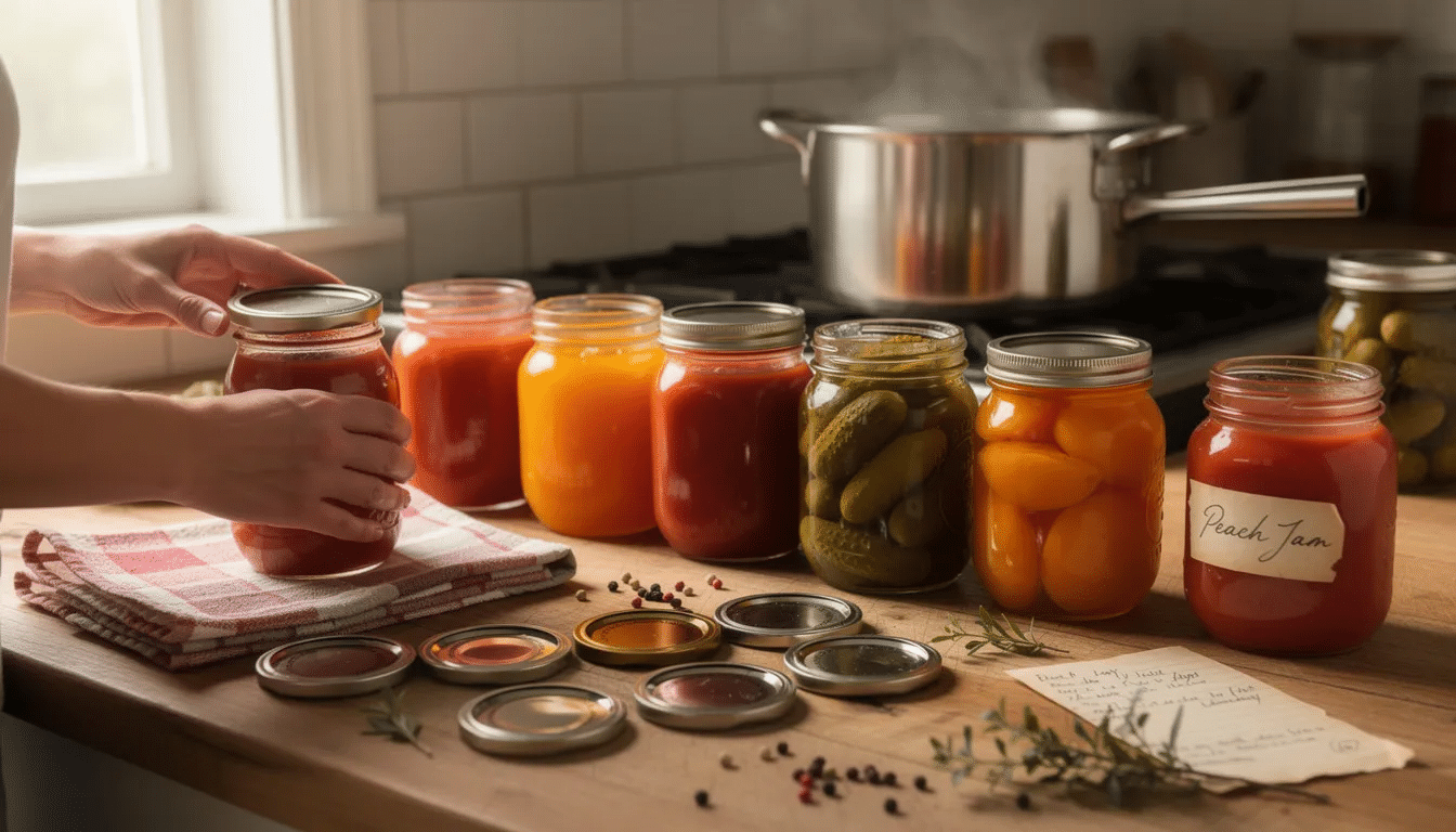 The image depicts a variety of canned goods neatly arranged in jars, showcasing different fruits and vegetables preserved through the canning process. This method of food preservation helps store food safely in airtight containers, extending shelf life and preventing harmful bacteria.