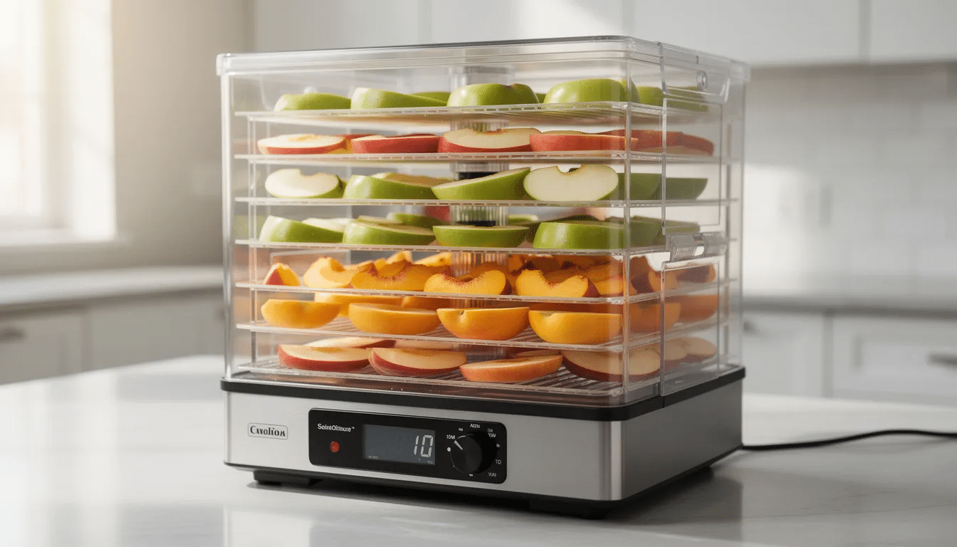 An electric food dehydrator is filled with multiple trays of sliced apples and peaches, showcasing the process of making nutritious dried fruit. The vibrant colors of the fresh fruit highlight their natural sweetness, perfect for long-term storage and delicious snacks.