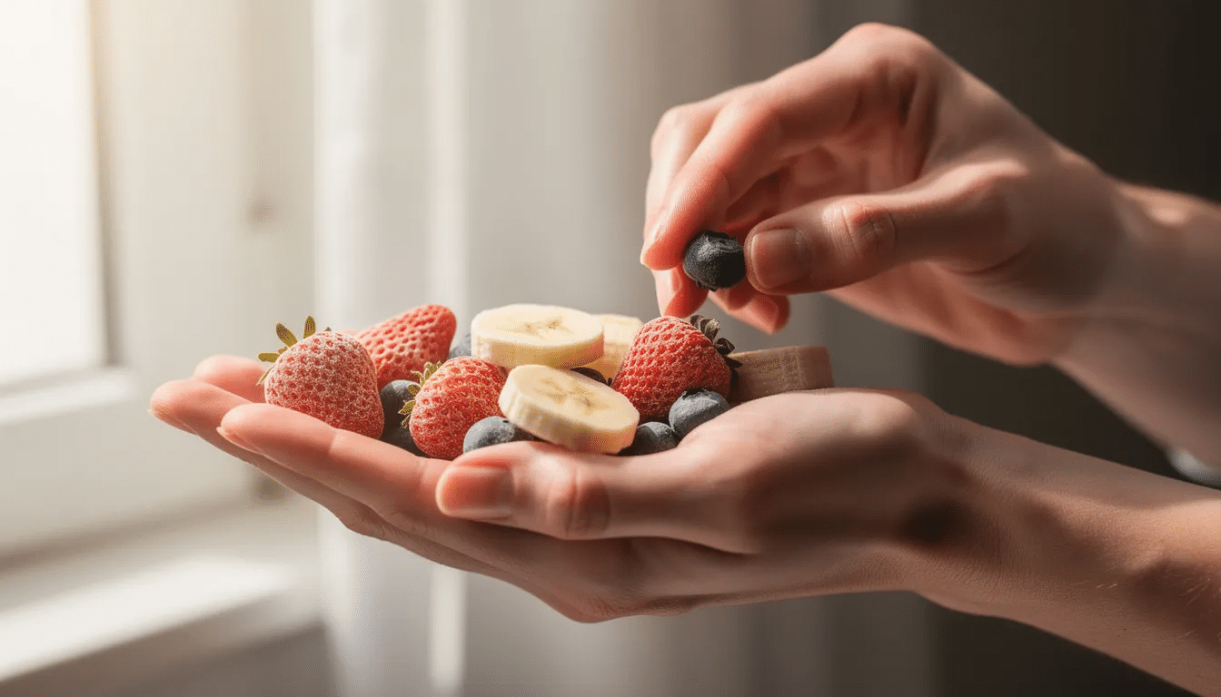 A person is holding and examining pieces of freeze dried fruit in their palm, with a bright window in the background. This image highlights the appeal of freeze dried foods as a healthy snack option, showcasing the vibrant colors and texture of the dried fruits, which are known for their long shelf life when stored properly.