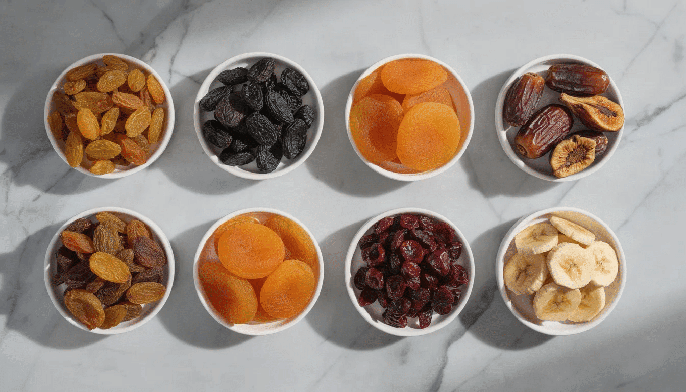 An assortment of colorful dried fruits, including apricots, apple chips, bananas, and blueberries, is elegantly arranged in small white bowls on a smooth marble surface, showcasing their varied textures and vibrant hues. This display highlights the beauty of dehydrated fruit, perfect for snacking or enhancing recipes.