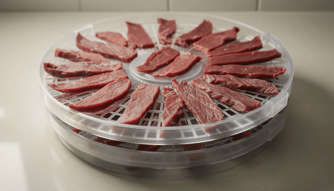 Sliced raw venison strips are neatly arranged on plastic dehydrator trays, ready for the drying process to make delicious deer jerky. The setup highlights the preparation stage of jerky making, showcasing the muscle meat that will soon become a savory snack.