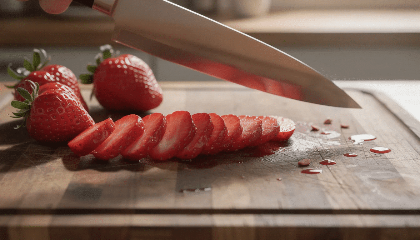The image shows fresh strawberries being thinly sliced on a wooden cutting board with a sharp knife, highlighting the vibrant red color and juicy texture of the fruit. This preparation is a step in making fruit powders, where these strawberries could later be dehydrated and ground into a fine powder for use in smoothies or baking.