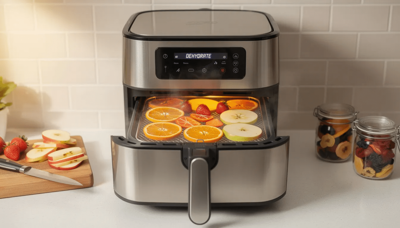 The image shows an air fryer basket filled with thinly sliced apple pieces, ready to be dehydrated into delicious healthy snacks like air fryer apple chips. The cooking process utilizes warm air to remove moisture, creating tasty dehydrated fruit that can be stored in an airtight container for later enjoyment.