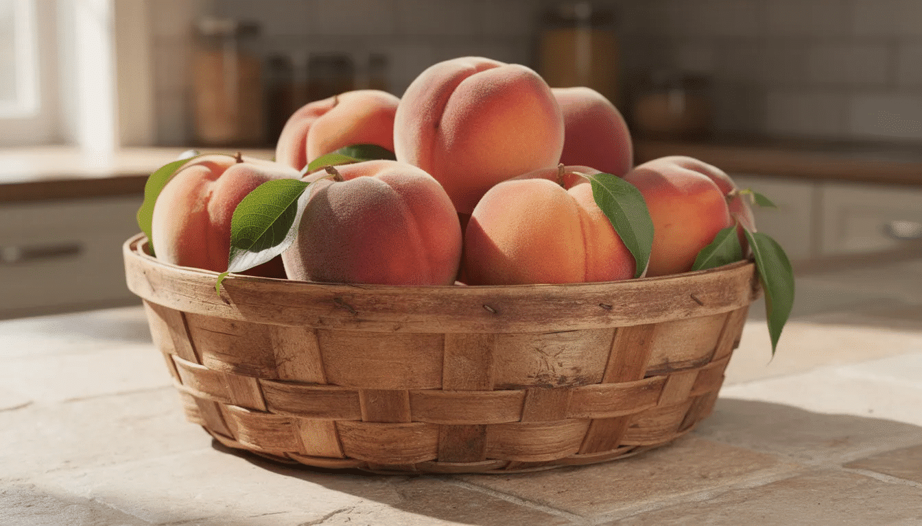 A rustic wooden basket filled with fresh ripe peaches sits on a kitchen counter, highlighting the vibrant colors and natural beauty of the fruit. These just ripe peaches are perfect for making homemade peach fruit leather or peach puree, offering a sweet treat during peach season.