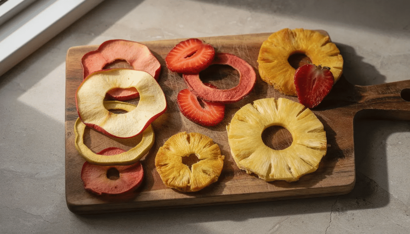 The image features an assortment of colorful dried fruit slices, including apples, strawberries, and pineapple, beautifully arranged on wooden cutting boards. These vibrant dehydrated fruits showcase the delightful results of the drying process, perfect for snacks or recipes year-round.