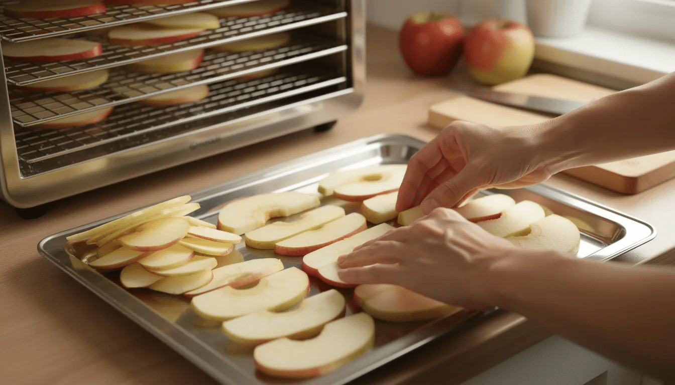 A person is carefully arranging thin apple slices on stainless steel trays of a food dehydrator, preparing to create delicious apple chips. The setup highlights the importance of air circulation and precise temperature controls for effective food preservation.