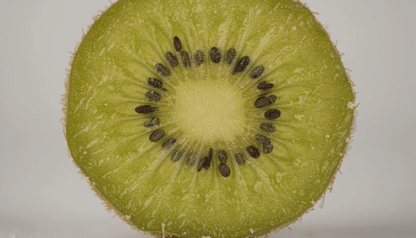 The image shows a close-up of sliced dried kiwi, highlighting its vibrant green color and intricate seed pattern. This crispy green fruit, a type of freeze dried fruit, makes for a tasty and healthy snack option.