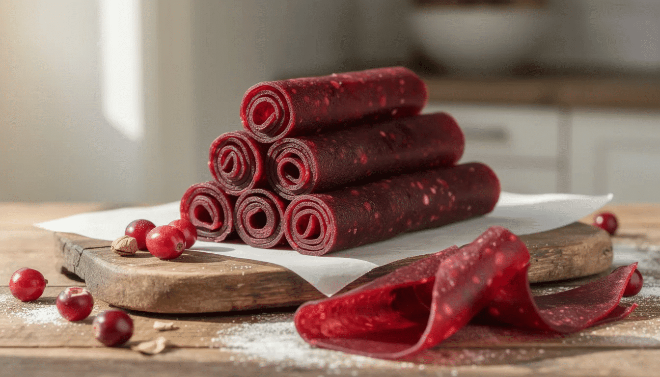 The image features homemade cranberry fruit leather, showcasing vibrant red strips of fruit roll ups made from a cranberry mixture blended with lemon juice and sweetened with honey. The fruit leather is neatly cut and arranged on a sheet of parchment paper, highlighting its smooth texture and delicious, tart flavor, perfect for a fun snack.