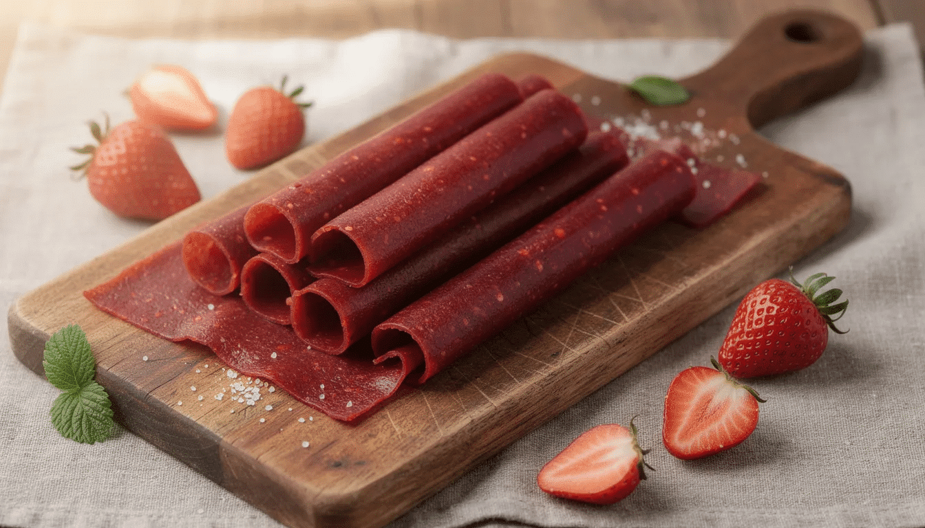 The image features fresh homemade strawberry fruit leather rolls neatly arranged on a rustic wooden cutting board, showcasing their vibrant red color and chewy texture. These delightful homemade fruit roll ups are made from real strawberries, perfect for a wholesome snack or school lunches.