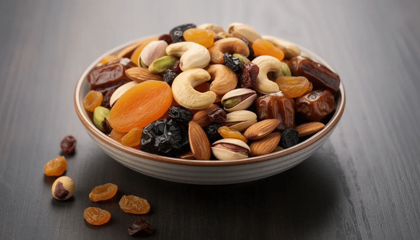 The image features a colorful dry fruit medley, showcasing a variety of dried fruits such as golden raisins, banana chips, and diced apricots, all arranged in an appealing way. This nutritious snack option is perfect for satisfying a sweet tooth and can be enjoyed on its own or as a delicious addition to salads and baked goods.
