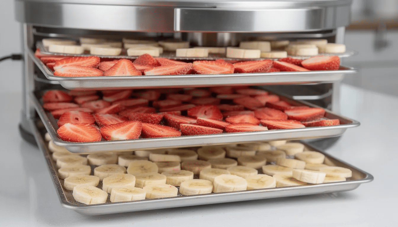 The image shows trays filled with vibrant freeze dried strawberries and banana slices inside a freeze dryer machine, showcasing the freeze drying process for preserving fresh food. This method allows for the creation of nutritious and shelf-stable backpacking meals that can be easily rehydrated for outdoor adventures.