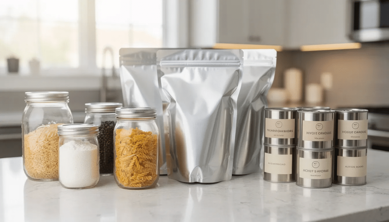 The image shows Mylar bags, mason jars, and metal cans neatly arranged on a kitchen counter, emphasizing proper storage methods for freeze dried food. These airtight containers are ideal for maximizing the shelf life of freeze dried fruits and other pantry staples, ensuring they stay fresh for long periods when stored properly in cool, dark places.