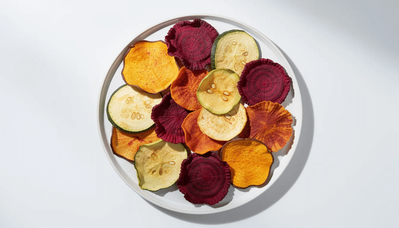 A white ceramic plate displays an array of colorful vegetable chips, featuring vibrant beet rounds and thinly sliced zucchini, showcasing a delicious healthy snack option. These chips can be made using an air fryer or food dehydrator for a tasty and nutritious treat.