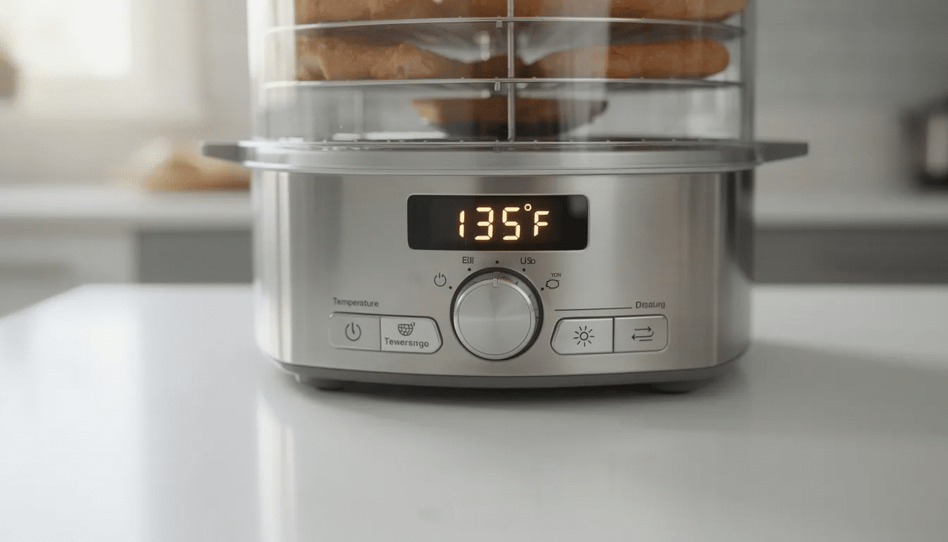 The image illustrates a food dehydrator set at a constant temperature for the drying process, showcasing trays filled with various foods like fruits, vegetables, and jerky. Properly preparing these foods at the right temperature is essential for effective food preservation and maintaining their nutritional value while ensuring moisture evaporates efficiently.