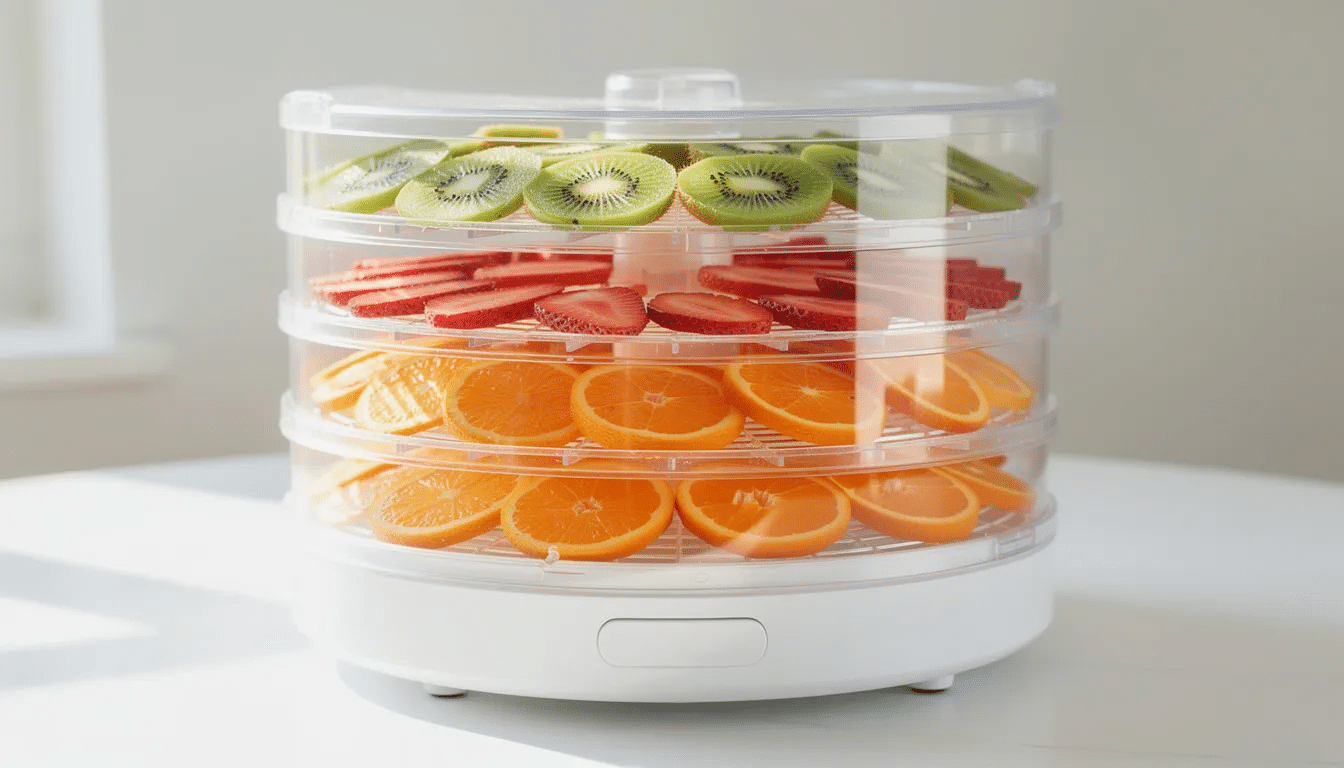 A multi-layer food dehydrator filled with food grade transparent trays showcases an assortment of sliced kiwi, strawberries, and orange rounds, highlighting the process of preserving fruits into tasty dehydrated foods. This efficient machine removes moisture to create lots of delicious snacks while maintaining quality and flavor.